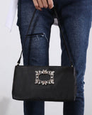 Elsa Diamante Brooch Satin Clutch Bag - Black