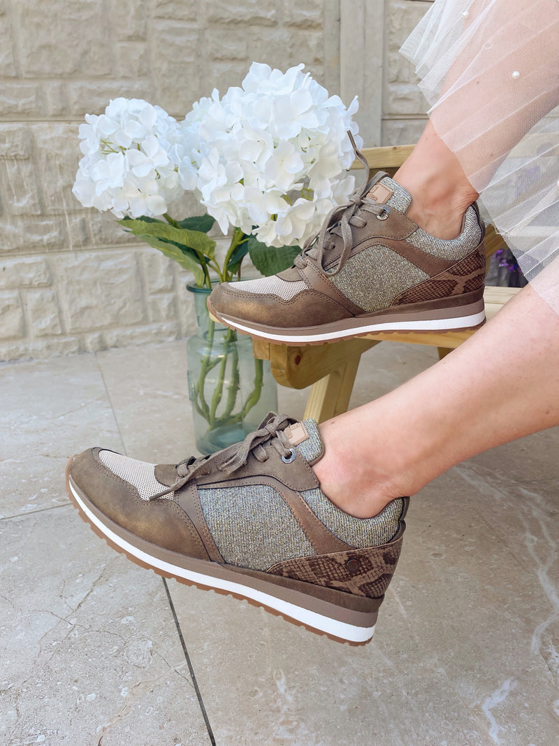 XTI Taupe Metallic & Sparkle Trainers - Taupe 140144