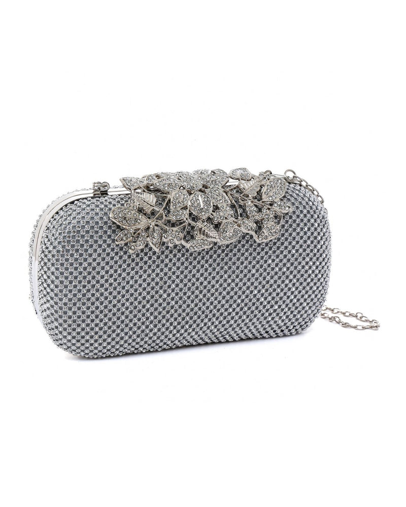 Sophia Vintage Embellished Clutch Bag With Floral Diamante Clasp - Silver