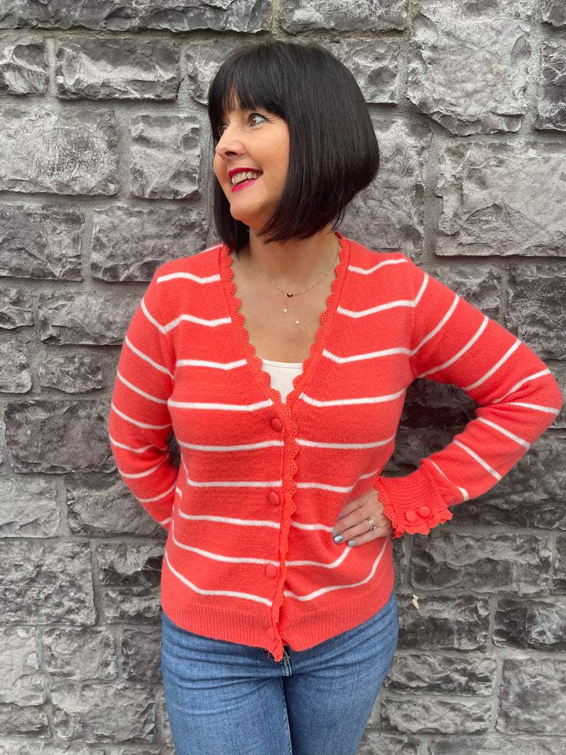 Addison Stripe Knit Cardi With Scallop Lace Detail - Coral