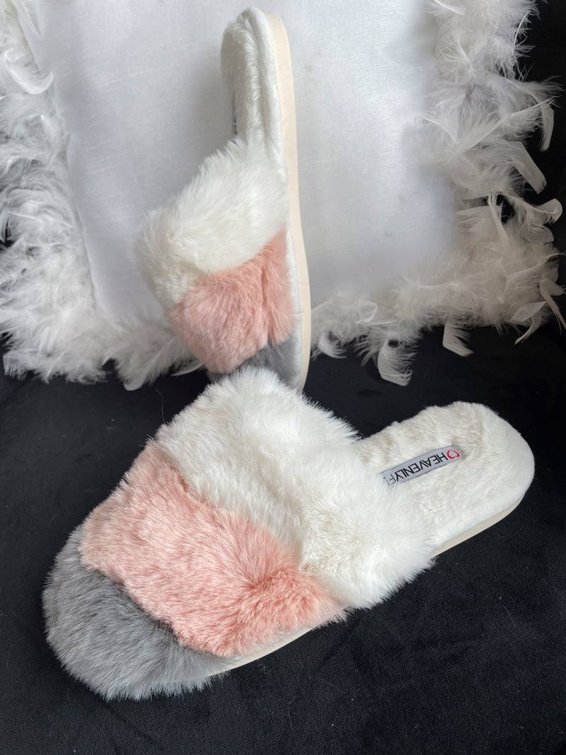 Heavenly Feet Charon Three Tone Fluffy Slippers - White/Pink/Grey