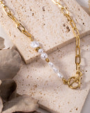 Beth Pearl & Chain T-Bar Choker Style Necklace - Gold