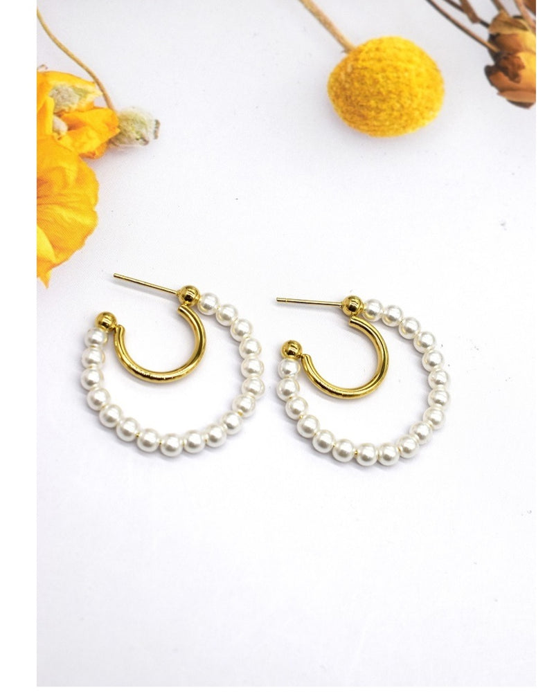 Moretz Double Strand Pearl Hoops - Gold