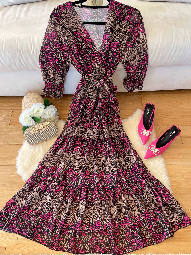 Diana Belted Tiered Dress - Black, Pink & Camel