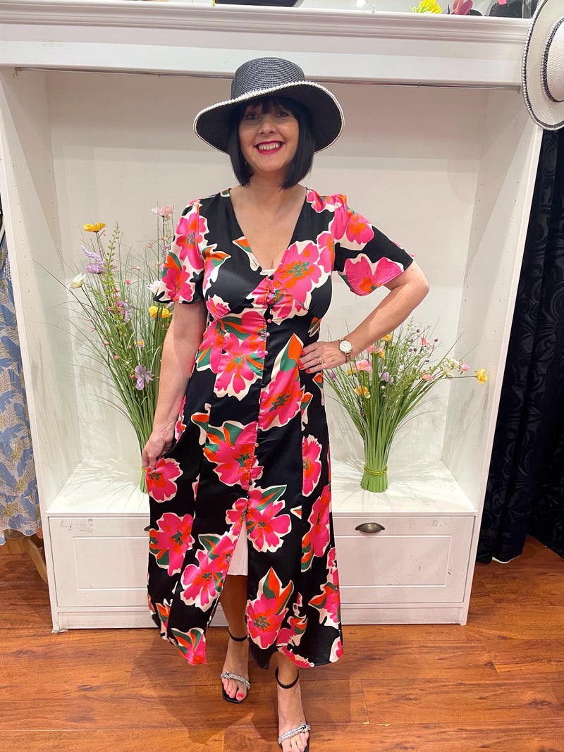 Mary Button Down Floral Dress - Black With Hot Pink