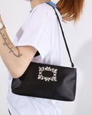 Elsa Diamante Brooch Satin Clutch Bag - Black