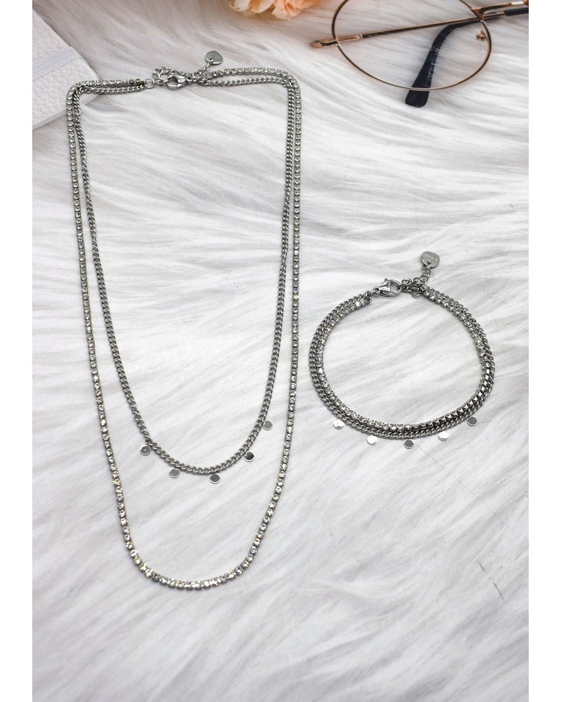 Abril Double Strand Tennis & Chain Necklace - Silver