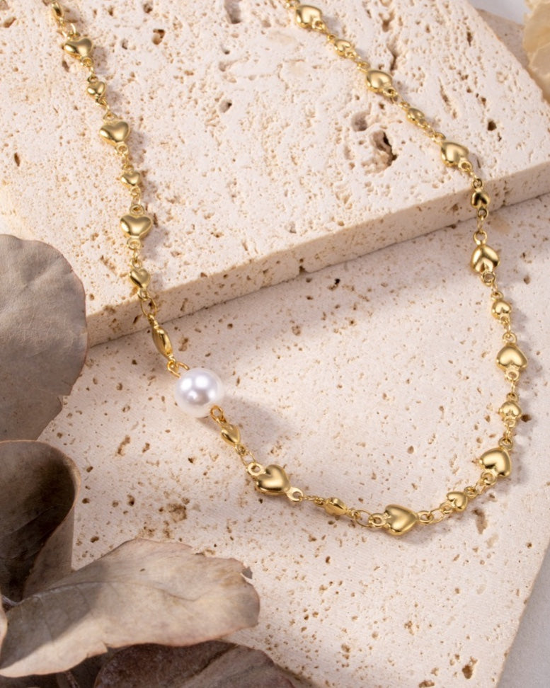 Mandy Dainty Heart Chain Necklace With Pearl - Gold