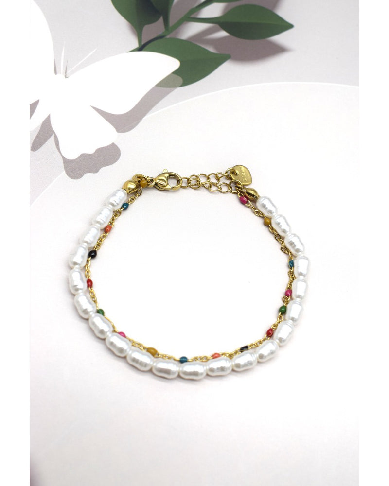Ruby Double Strand Rainbow Bead & Pearl Bracelet