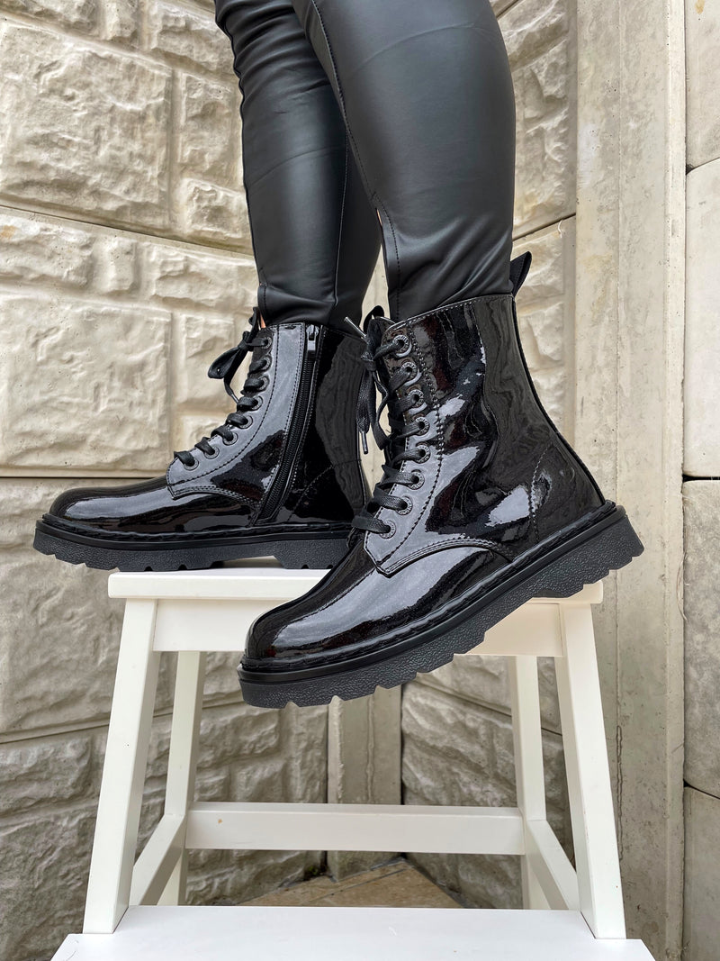 Heavenly Feet "Justina" Biker Boots - Glitter Infused Black Patent