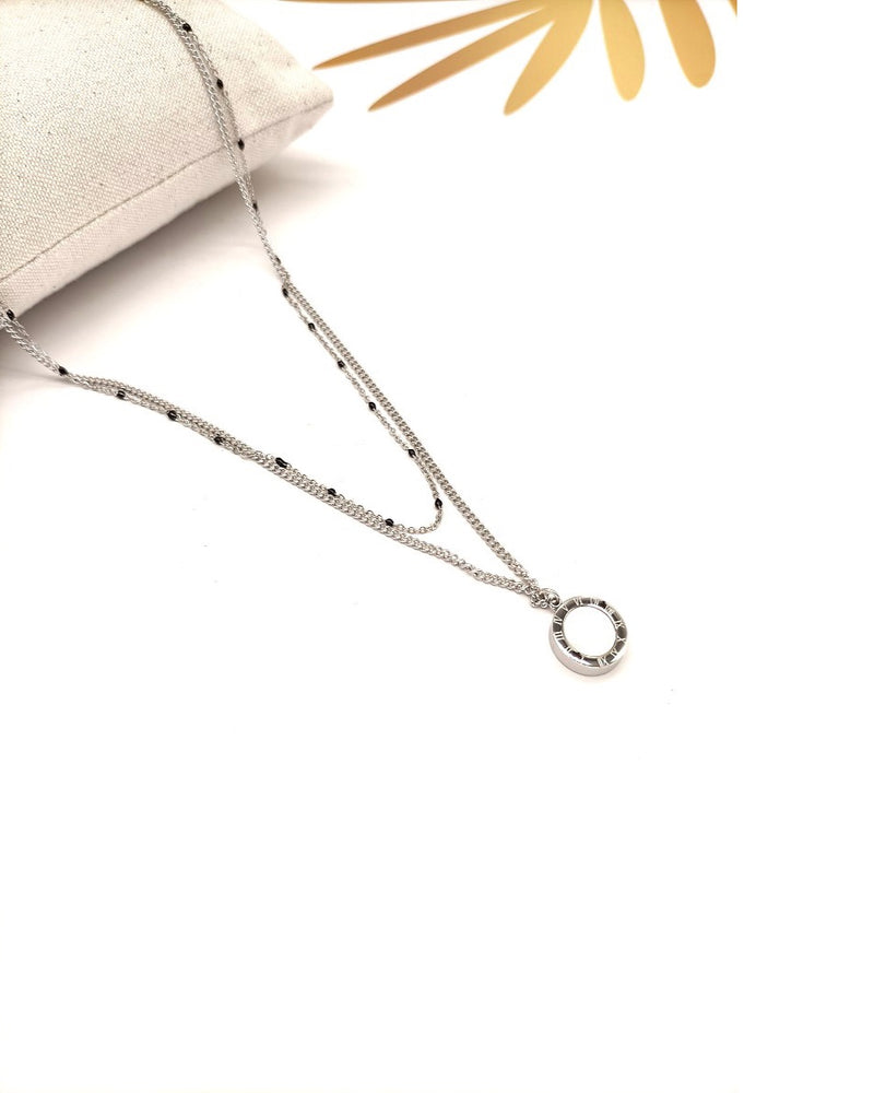 Selma Double Strand Black Bead Reversible Enamel Necklace - Silver