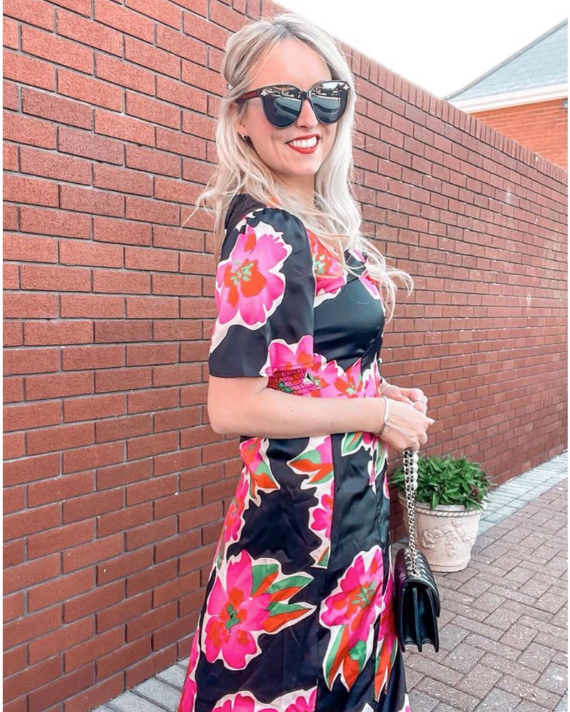 Mary Button Down Floral Dress - Black With Hot Pink